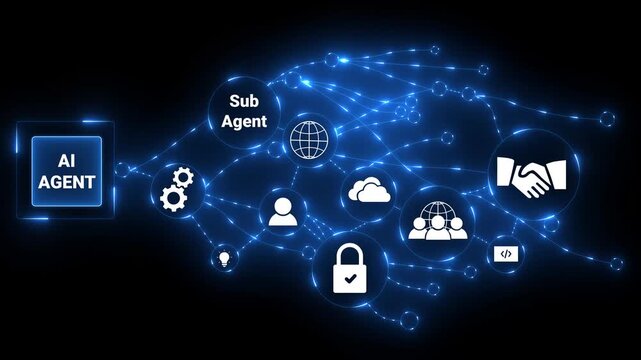 A futuristic ai agent is connected to various digital functions through a glowing green network. Initiating blue neon line with data, animating icons linking wireframe Earth showing data network. 4k