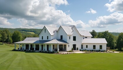 Fototapeta premium Modern white farmhouse estate in Tennessee features rolling green pastures, private recording studio. Contemporary architecture with metal roof, expansive porch defines this luxury rural residence.