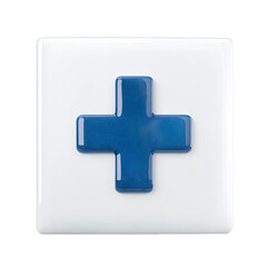 Obraz premium 3d Glossy Blue Textured Cross Symbol on a Smooth White Rounded Square as a Transparent Png Cutout Image for Medical and Help Concepts