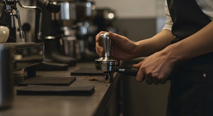Close up of barista tamping coffee grounds in portafilter with espresso machine in background view