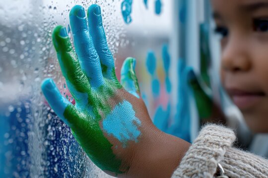 Child's colorful handprints on glass being wiped clean indoors Generative AI