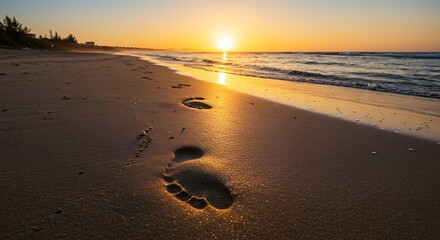 Footprints in the sand at sunset on a beach with ocean waves and golden sky