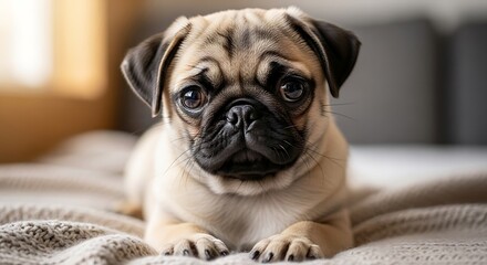 Adorable Pug Puppy on Cozy Blanket.
