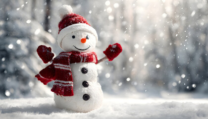 Fototapeta premium A snowy scene with a happy snowman wearing a red scarf