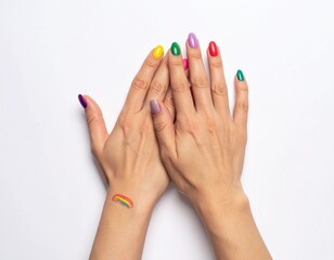 Colorful Nail Polish Manicure with Rainbow Wrist Tattoo on White Background.