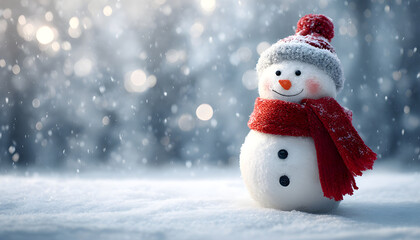 Fototapeta premium A snowy scene with a happy snowman wearing a red scarf