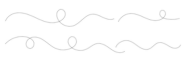 Abstract wavy squiggle dashed line collection. Dotted spiral curve line. Transport dot paths lines. Thin line abstract doted swirl path. Minimal squiggle divider, loopy line vector icon isolated. 