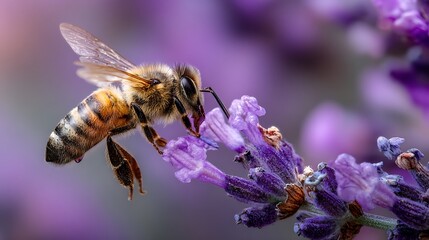 Close up macro photograph of a busy bee collecting nectar from a vibrant purple lavender flower in soft focus