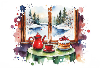 A cozy indoor scene featuring a round table with tea and dessert, set against a snowy landscape seen through the window. The composition blends warm domestic detail with soft winter light.