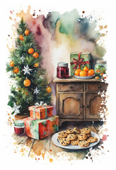 A winter interior where a curved wooden cabinet holds jars, oranges, and wrapped gifts beneath a decorated tree. 