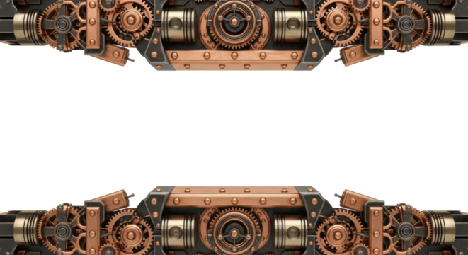 Intricate mechanical borders of burnished copper and dark iron, featuring detailed clockwork gears and pistons, on a transparent background, suitable for steampunk design concept