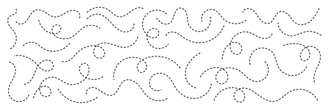 Abstract wavy squiggle dashed line collection. Dotted spiral curve line. Transport dot paths lines. Thin line abstract doted swirl path. Minimal squiggle divider, loopy line vector icon isolated. 