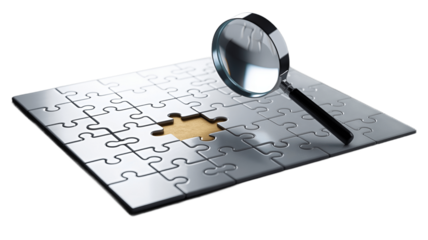 Magnifying glass focusing on a puzzle missing piece.