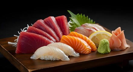 Assorted sashimi and sushi on a wooden board with lemon and ginger against a dark background scene is shown
