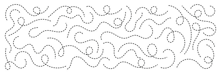 Hand drawn squiggle line. Trip dashed trace destination track path line collection. Long dashed spiral wavy line. Curve dotted line. Border design, traveling symbol, divider element,