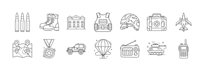 Military equipment and army related line icons - Outline icon set representing military and defense items including bullets, boots, vest, map, medal, tank, aircraft, jeep, and radio.
