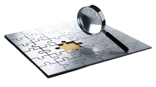 Magnifying glass focusing on a puzzle missing piece.