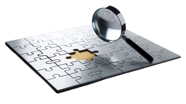 Magnifying glass focusing on a puzzle missing piece.