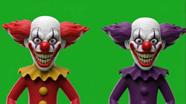 Two Creepy Cartoon Clowns Green Screen - Two 3D-video cartoon clowns with sinister smiles are shown against a green screen background. One clown has red hair and clothing, while the other has purple.