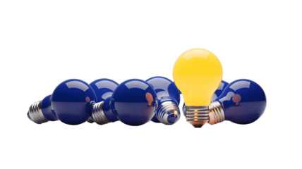 Illuminating idea: A single light bulb glows brightly, standing out from a cluster of blue light bulbs.