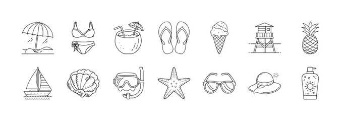 Fototapeta premium Set of beach vacation and summer holiday icons - Line icons illustrating summer travel essentials such as umbrella, bikini, cocktail, flip flops, ice cream, sunglasses, starfish, and sunscreen. 