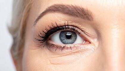 Fototapeta premium Closeup of a Woman's Blue Eye with Fine Lines and Lashes.