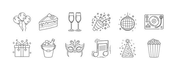 Line icons of party celebration and festive elements - Collection of outline icons featuring cake, champagne glasses, confetti, disco ball, DJ turntable, popcorn, gifts, masks, and music for party