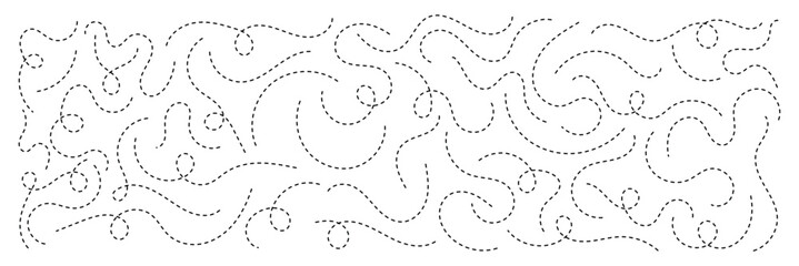 Hand drawn squiggle line. Trip dashed trace destination track path line collection. Long dashed spiral wavy line. Curve dotted line. Border design, traveling symbol, divider element,