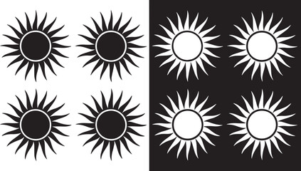 Set of eight solar icons with varying shades of black and white representing different solar states.