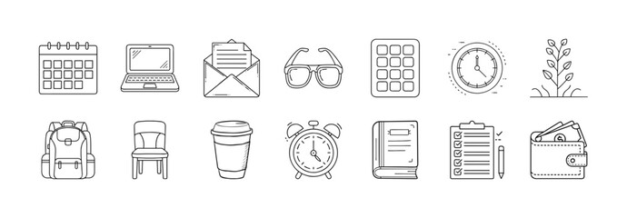 Line icons of school supplies and student life - Collection of outline icons featuring calendar, laptop, backpack, books, coffee cup, clock, glasses, and stationery representing education, studying