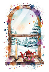 A quiet winter scene framed by an arched window, where a red floral teapot and candlelight evoke warmth against a pastel snowy landscape. The composition blends rustic detail with poetic contrast.