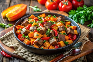 Hearty beef stew with sweet potato and tomato