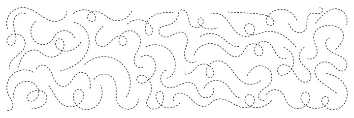 Hand drawn squiggle line. Trip dashed trace destination track path line collection. Long dashed spiral wavy line. Curve dotted line. Border design, traveling symbol, divider element,