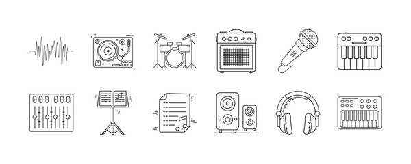 Line icons of music instruments and audio equipment - Collection of outline icons featuring microphone, drum set, speakers, headphones, DJ turntable, sheet music, and equalizer for music and sound