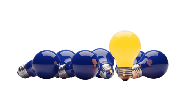 Illuminating idea: A single light bulb glows brightly, standing out from a cluster of blue light bulbs.