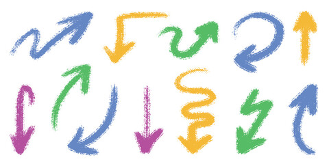 Colourful arrows crayon doodle chalk icons set hand drawn freehand different curved lines