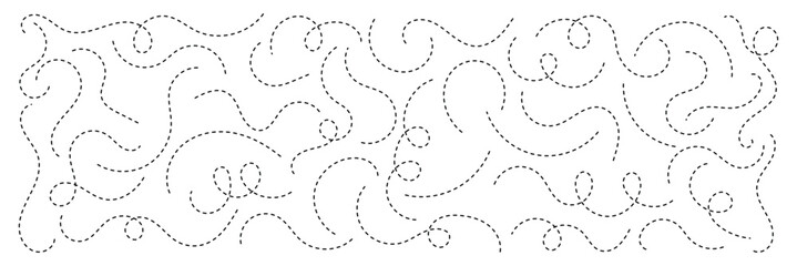 Hand drawn squiggle line. Trip dashed trace destination track path line collection. Long dashed spiral wavy line. Curve dotted line. Border design, traveling symbol, divider element,
