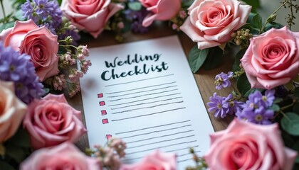 Wedding checklist surrounded by soft pink roses, delicate purple flowers. Planning document with lines, checkboxes for marriage preparations. Romantic floral backdrop for wedding event organization.