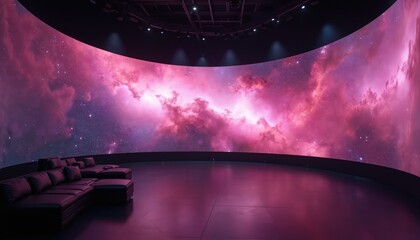 Immersive curved LED screen displays vibrant pink, purple nebula, galaxy imagery in dark, modern room. Futuristic digital display with abstract space art creates captivating visual experience. Sleek