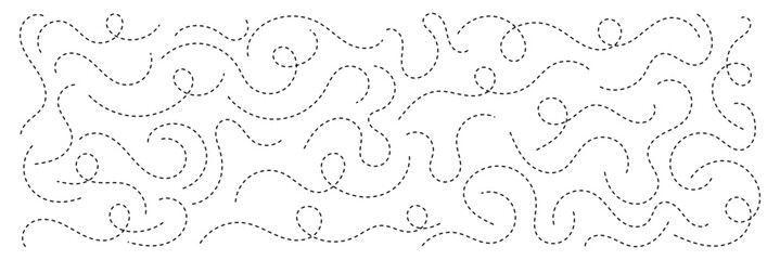 Hand drawn squiggle line. Trip dashed trace destination track path line collection. Long dashed spiral wavy line. Curve dotted line. Border design, traveling symbol, divider element,