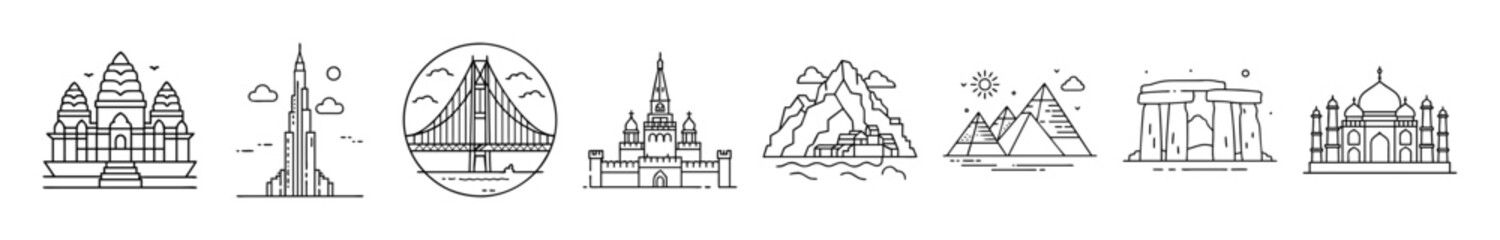 Famous landmarks and world monuments line icons - Set of line icons representing global landmarks and monuments including temples, mountains, bridges, historical ruins, and architectural wonders.

