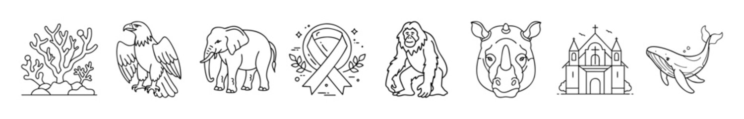 Farm animals and agriculture line icons set - Collection of line icons showing farm animals, barn, crops, and agricultural life symbols including cow, pig, chicken, goat, and produce.
