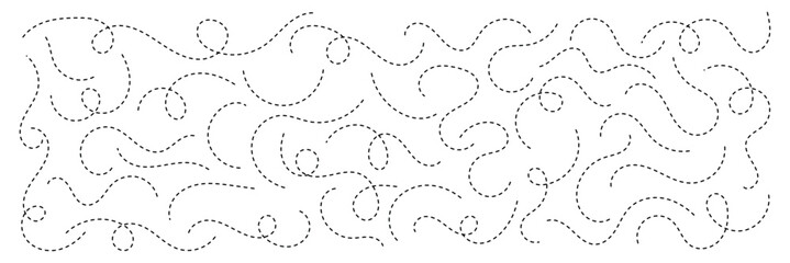 Hand drawn squiggle line. Trip dashed trace destination track path line collection. Long dashed spiral wavy line. Curve dotted line. Border design, traveling symbol, divider element,