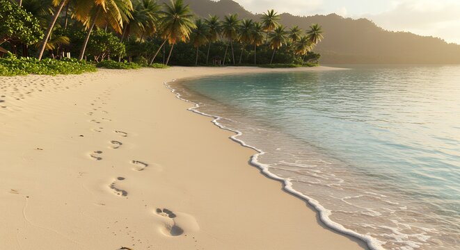 Tropical beach landscape with ocean waves footprints in the sand and palm trees against a mountain range