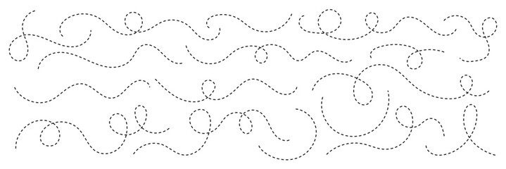 Hand drawn squiggle line. Trip dashed trace destination track path line collection. Long dashed spiral wavy line. Curve dotted line. Border design, traveling symbol, divider element,