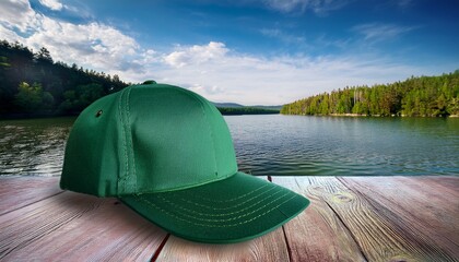 forest green baseball cap mockup displayed in scenic lakeside nature background