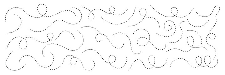 Hand drawn squiggle line. Trip dashed trace destination track path line collection. Long dashed spiral wavy line. Curve dotted line. Border design, traveling symbol, divider element,