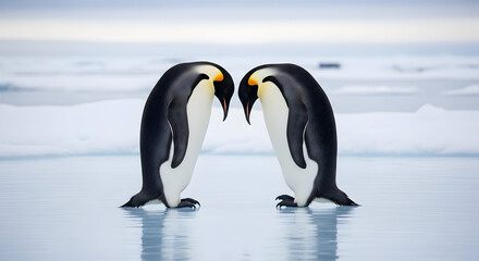 Fototapeta premium Pair of Emperor Penguins on Icy Shelf — Intimate Antarctic Scene with Two Penguins Facing Each Other on Snow and Blue Glacial Background for Wildlife, Conservation and Polar Photography