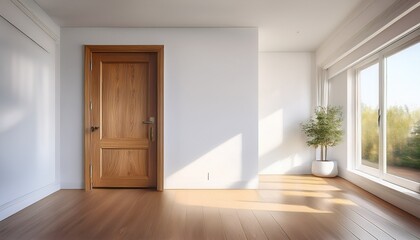 Fototapeta premium a bright white wall features a partially open wooden door inviting natural light to spill into the room creating a warm and welcoming atmosphere
