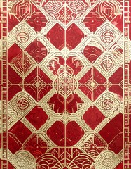 Intricate symmetrical pattern of gold on red